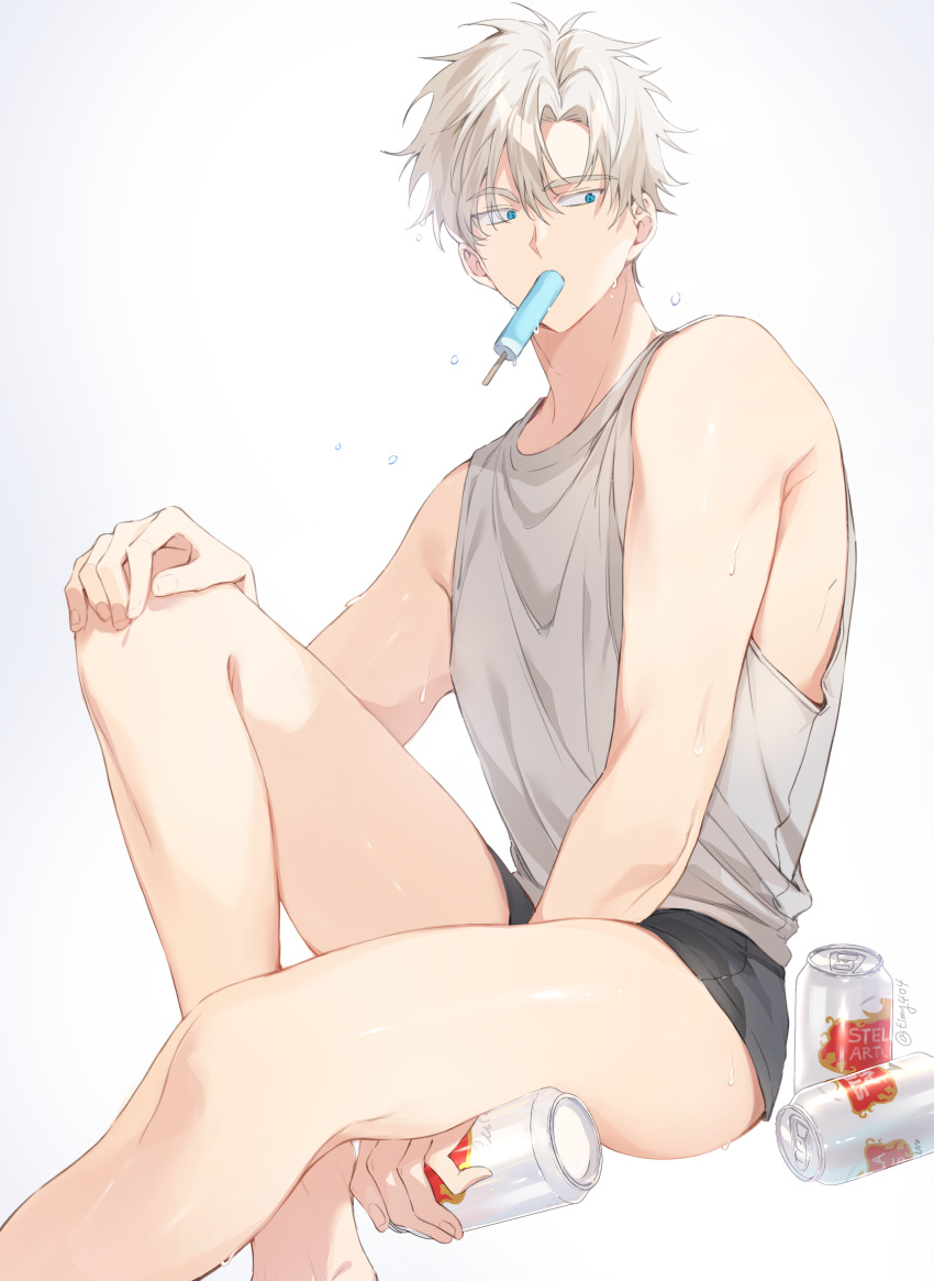 1boy absurdres artist_name bangs bare_arms bare_legs bare_shoulders beer_can between_legs black_shorts blue_eyes can dripping food food_in_mouth grey_shirt hair_between_eyes hand_between_legs hand_on_own_knee highres holding holding_can knee_up looking_away male_focus mouth_hold original popsicle shirt short_hair short_shorts shorts simple_background sitting sleeveless solo spiky_hair sweat tank_top timy505 twitter_username water_drop white_hair