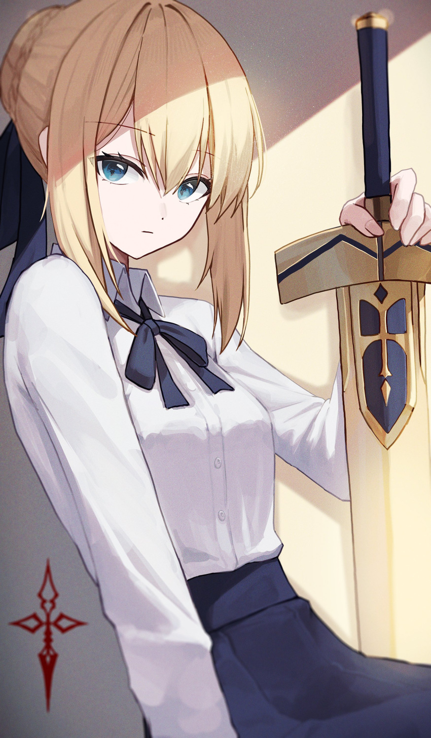 1girl absurdres artoria_pendragon_(fate) blonde_hair blue_eyes blue_ribbon blue_skirt braid command_spell excalibur_(fate/stay_night) expressionless eyebrows_visible_through_hair fate/grand_order fate/stay_night fate_(series) french_braid gnns hair_bun hair_ribbon high-waist_skirt highres holding holding_sword holding_weapon looking_at_viewer neck_ribbon ribbon saber shirt skirt solo sword weapon white_shirt