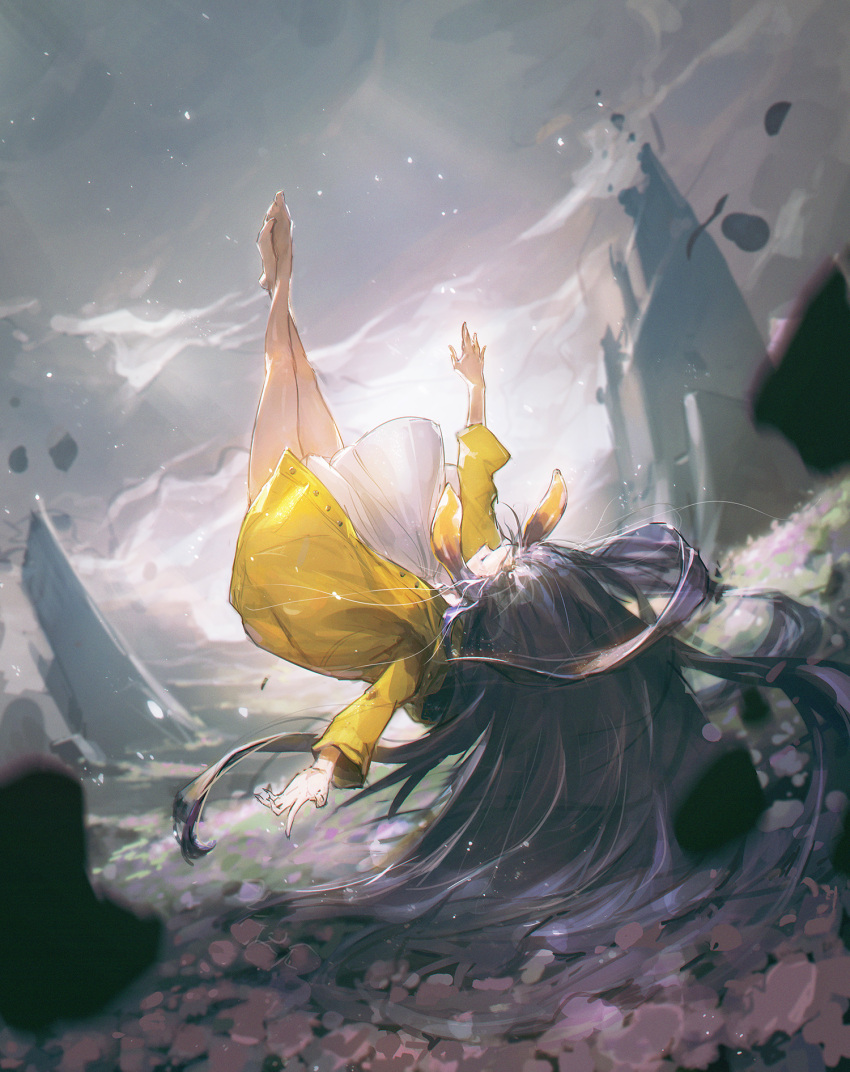 1girl barefoot clouds cloudy_sky crossed_legs dino_(dinoartforame) dress field floating floating_hair flower flower_field highres hololive hololive_english jacket long_hair ninomae_ina'nis open_hands purple_flower scenery sky solo upside-down very_long_hair virtual_youtuber white_dress yellow_jacket