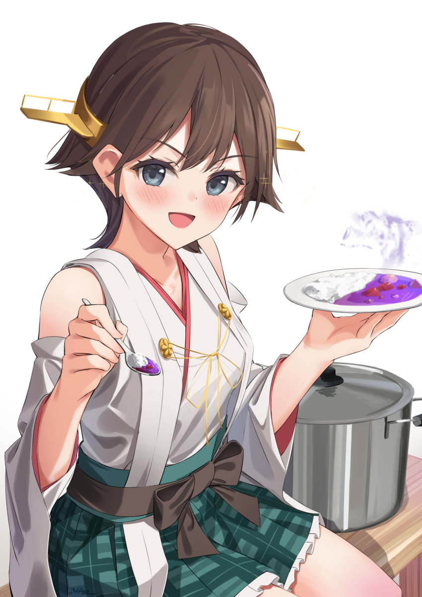 1girl artist_name bare_shoulders blue_eyes blush brown_hair curry curry_rice detached_sleeves eyebrows_visible_through_hair food green_skirt hair_between_eyes headgear hiei_(kancolle) highres holding holding_spoon japanese_clothes kantai_collection kokenashi looking_at_viewer nontraditional_miko open_mouth plaid plaid_skirt pleated_skirt remodel_(kantai_collection) ribbon-trimmed_sleeves ribbon_trim rice short_hair signature simple_background sitting skirt smile solo spoon white_background wide_sleeves
