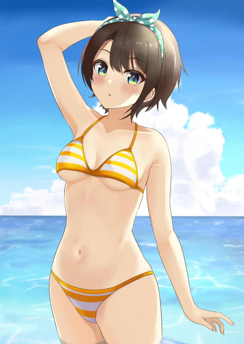 1girl arm_at_side arm_up bangs bikini black_hair blue_eyes blue_sky breasts clouds commentary cowboy_shot eyebrows_visible_through_hair green_hairband hairband halter_top halterneck highres looking_at_viewer medium_breasts mm_(pomeme4) navel oozora_subaru polka_dot_hairband short_hair sky solo standing stomach striped striped_bikini swimsuit wading water