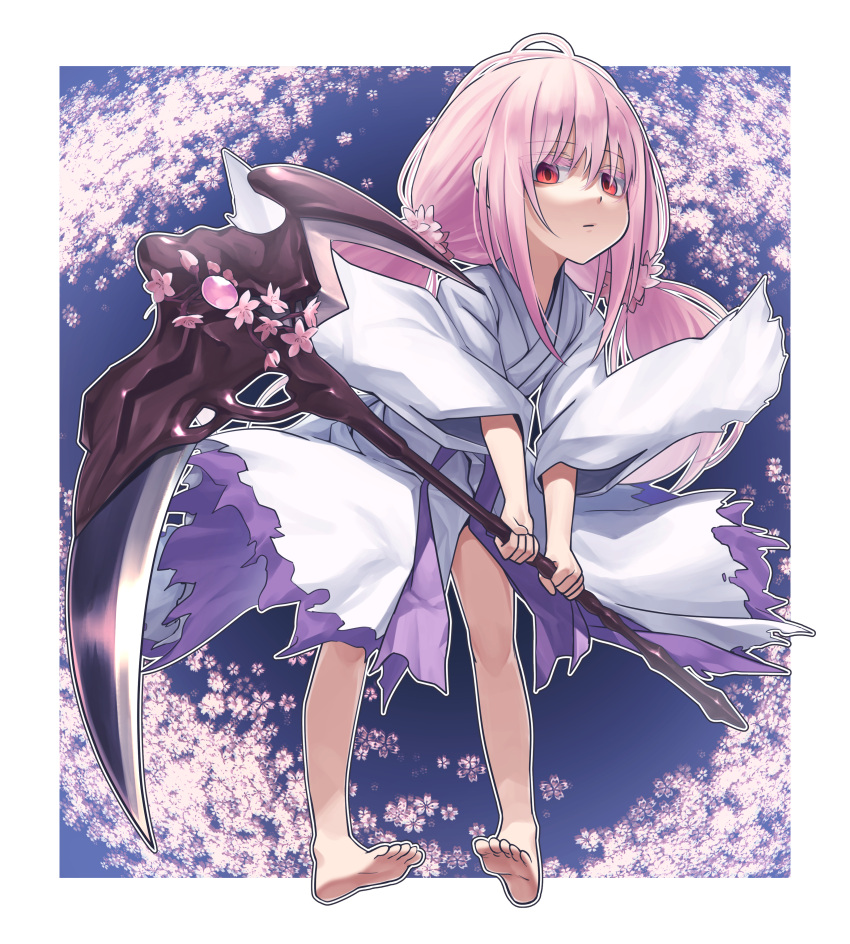 1girl absurdres cherry_blossoms duel_monster ghost_reaper_&amp;_winter_cherries highres japanese_clothes long_hair long_sleeves looking_at_viewer low_twintails pink_hair red_eyes scythe solo twintails wide_sleeves xin_lan_deng yu-gi-oh!