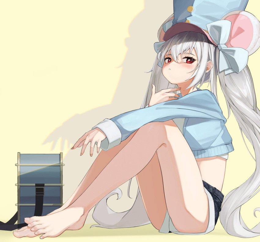 1girl absurdres animal_ears ass bare_legs barefoot black_shorts blue_headwear blue_jacket bow closed_mouth commission crop_top cropped_jacket denim denim_shorts drop_shadow drum dungeon_and_fighter grey_hair hair_bow hat highres instrument jacket knees_up lifeff long_hair long_sleeves looking_at_viewer micro_shorts midriff mouse_ears mouse_girl mouse_tail red_eyes second-party_source shirt short_shorts shorts sidelocks sitting solo tail thighs timitarcat twintails very_long_hair white_shirt