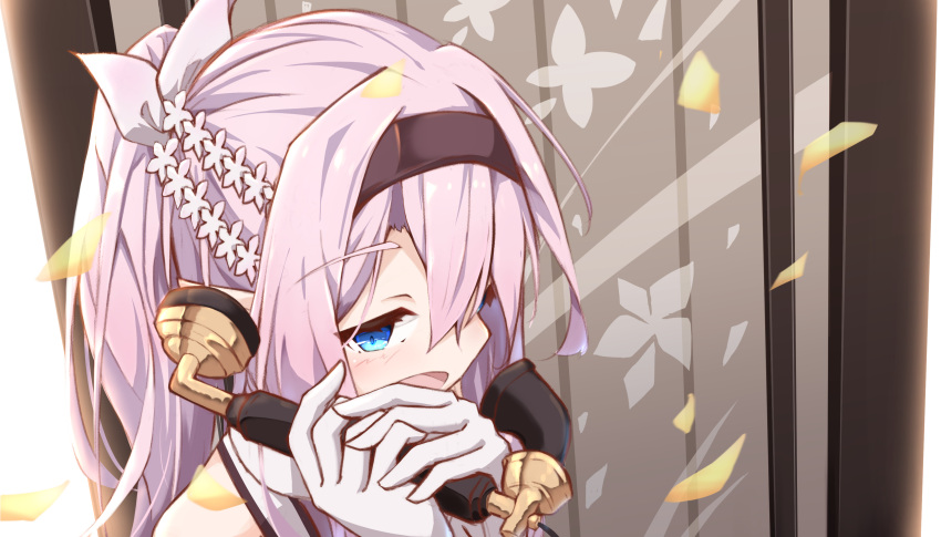 1girl absurdres bangs bare_shoulders black_hairband blue_eyes commentary_request em-2_(girls'_frontline) eyebrows_visible_through_hair flower girls_frontline gloves hair_between_eyes hair_flower hair_ornament hair_ribbon hairband hands_up highres holding holding_phone matsuo_(matuonoie) open_mouth own_hands_together petals phone pink_hair ponytail portrait ribbon solo white_flower white_gloves white_ribbon