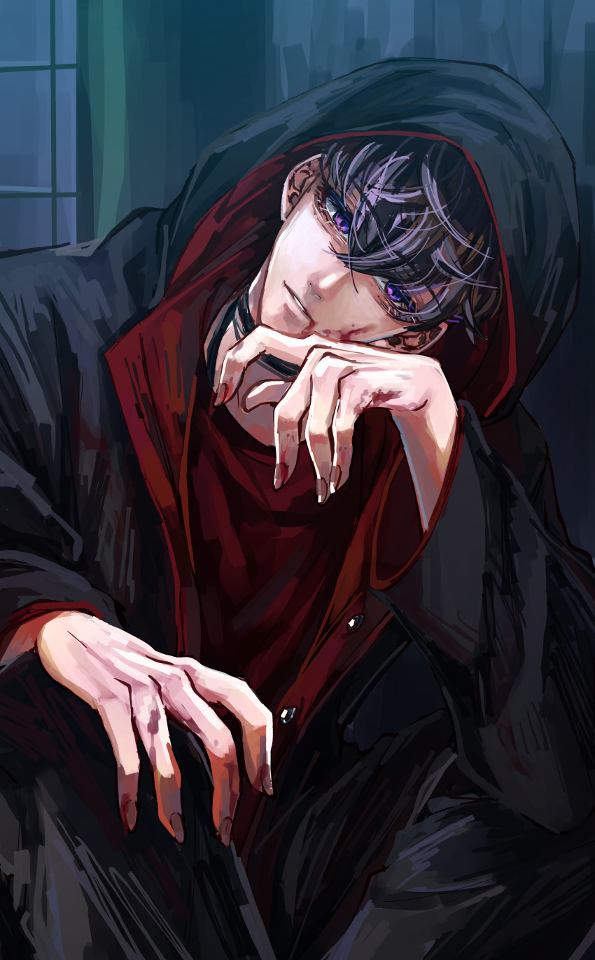 1boy absurdres black_choker black_cloak black_hair blood blood_on_face blood_on_hands choker cloak cosplay english_commentary eyebrows_visible_through_hair hand_on_own_knee head_tilt highres hood hood_up john_kramer john_kramer_(cosplay) looking_down male_focus nijisanji nijisanji_id open_hand parted_lips red_shirt reza_avanluna saw_(movie) shirt solo violet_eyes virtual_youtuber yaku_(999ykseo)