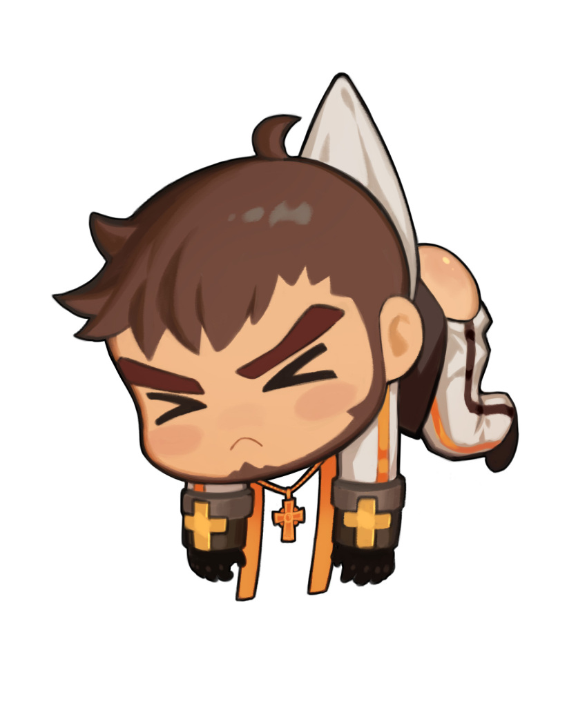 &gt;_&lt; 1boy ahoge ass bai_ma beard blush brown_hair chibi clothes_pull cross cross_necklace dungeon_and_fighter facial_hair full_body highres jewelry male_focus male_priest_(dungeon_and_fighter) necklace pants pants_pull shirt_grab solo thick_eyebrows white_background