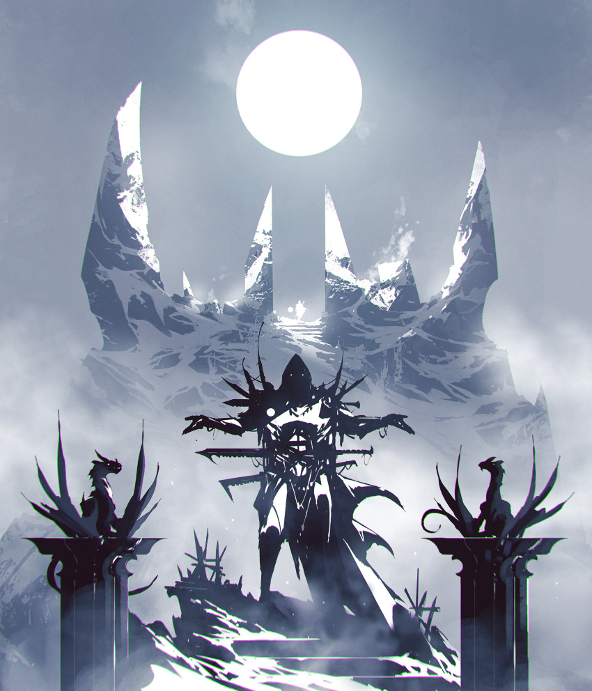 1other absurdres bangs fog gauntlets glowing glowing_eyes hands_up highres hood hood_up kalmahul looking_at_viewer moon moonlight mountain night original outdoors small_dragon snow stairs standing weapon weapon_on_back