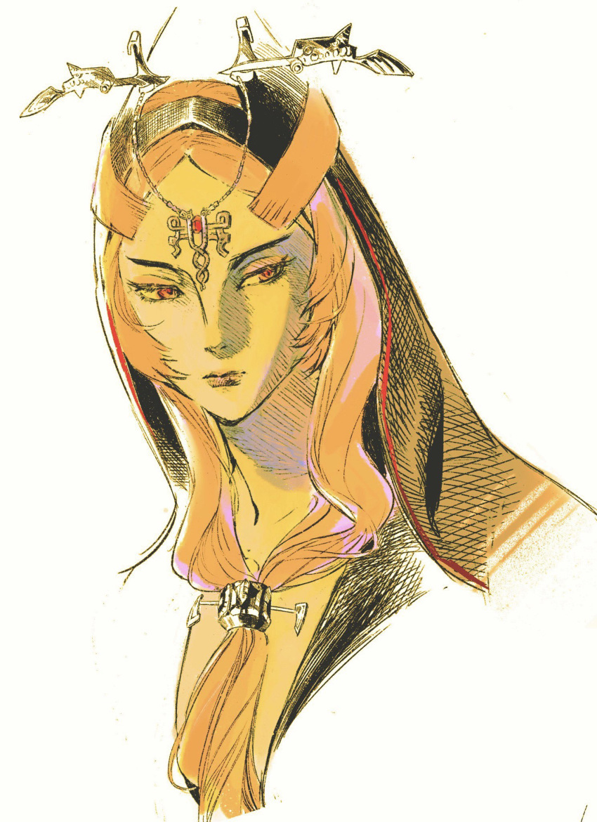 1girl expressionless eyeshadow feng_ren highres long_hair looking_to_the_side makeup midna midna_(true) orange_hair parted_hair pink_eyeshadow portrait red_eyes solo the_legend_of_zelda the_legend_of_zelda:_twilight_princess tied_hair veil white_background