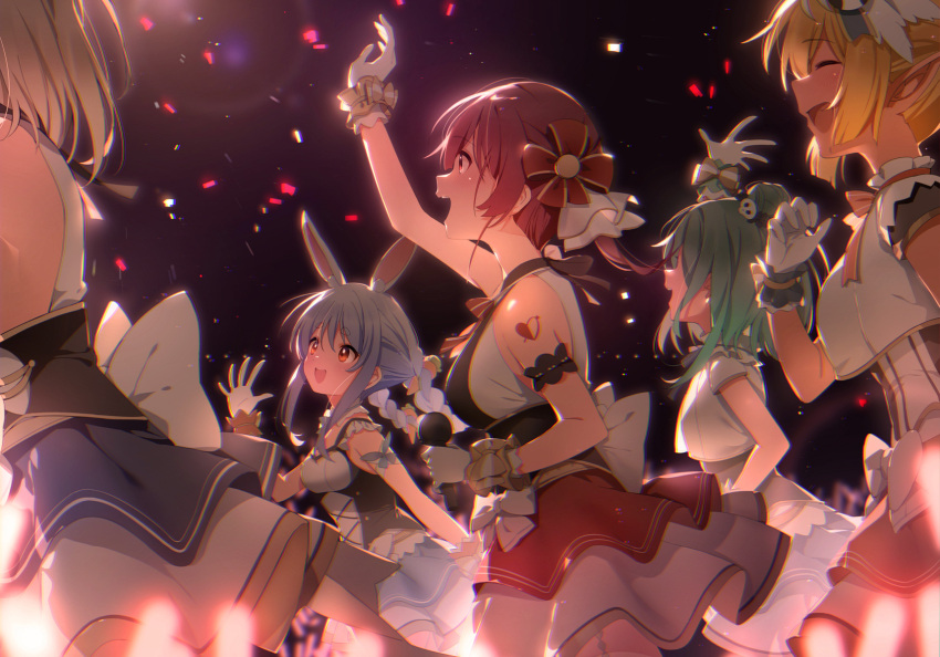 5girls :d animal_ear_fluff animal_ears arm_up armband bangs blonde_hair blue_hair blush bow braid breasts carrot_hair_ornament closed_eyes collar dark-skinned_female dark_skin detached_collar double_bun dress dress_bow drill_hair elf eyebrows_visible_through_hair flat_chest food-themed_hair_ornament frilled_collar frilled_dress frills from_side garter_belt glover gloves green_hair hair_between_eyes hair_ornament hair_ribbon hana_mori highres holding holding_microphone hololive houshou_marine large_bow large_breasts long_hair looking_ahead low_twintails medium_breasts medium_hair microphone multicolored_hair multiple_girls night open_mouth orange_eyes out_of_frame pleated_skirt pointy_ears rabbit_ears rabbit_girl red_eyes red_ribbon redhead ribbon ringlets scarf shiranui_flare shirogane_noel short_eyebrows short_hair short_twintails sidelocks silver_hair skirt skull_hair_ornament small_breasts smile standing swept_bangs thick_eyebrows thigh-highs twin_braids twin_drills twintails two-tone_hair uruha_rushia usada_pekora virtual_youtuber waving_arm white_bow white_gloves white_hair white_legwear white_scarf wrist_cuffs