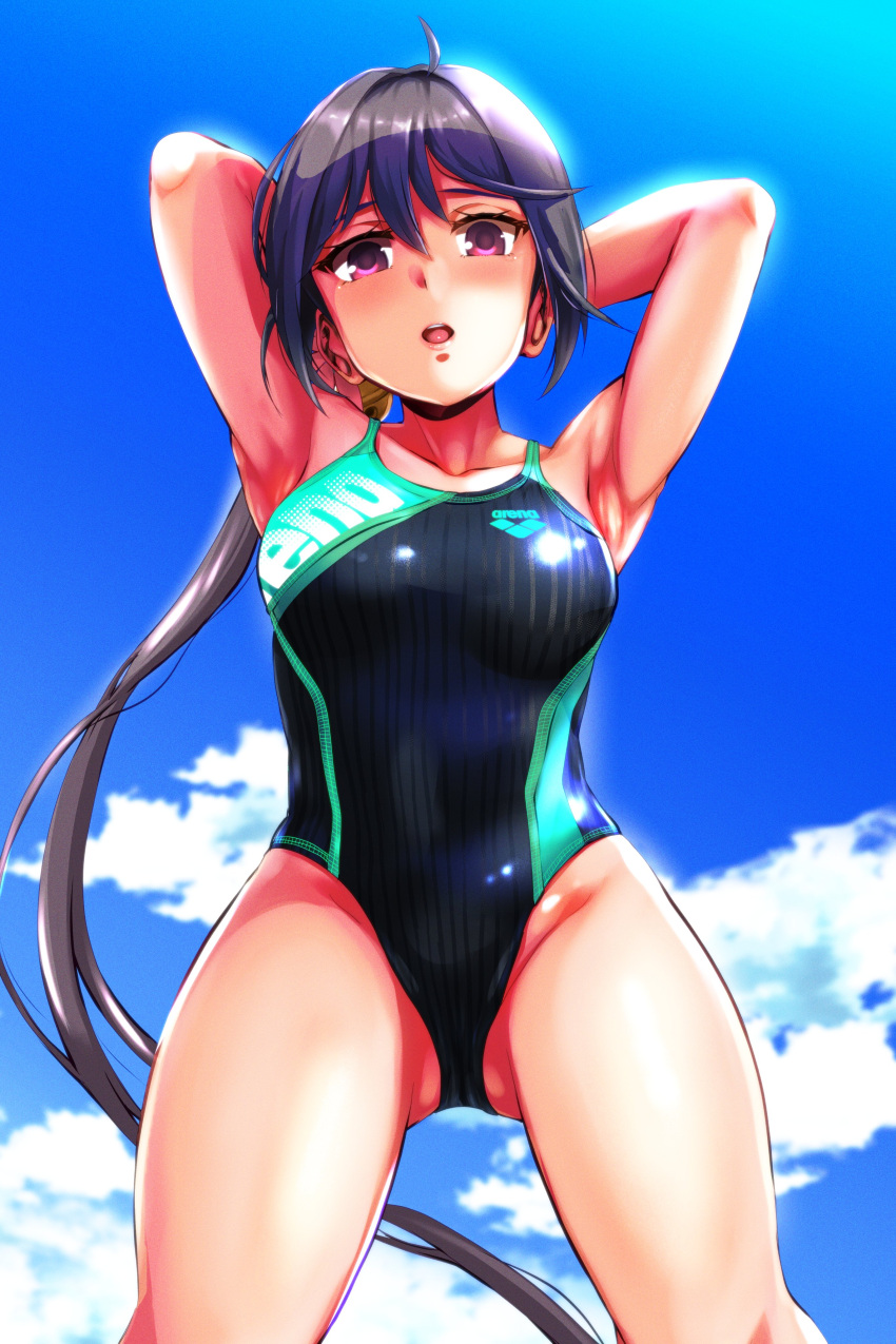 1girl absurdres akebono_(kancolle) arena_(company) arms_behind_head bell black_swimsuit blue_sky clouds competition_swimsuit flower from_below grey_hair hair_bell hair_flower hair_ornament highres kantai_collection long_hair looking_at_viewer one-piece_swimsuit side_ponytail sky solo swimsuit very_long_hair violet_eyes yellow_quokka