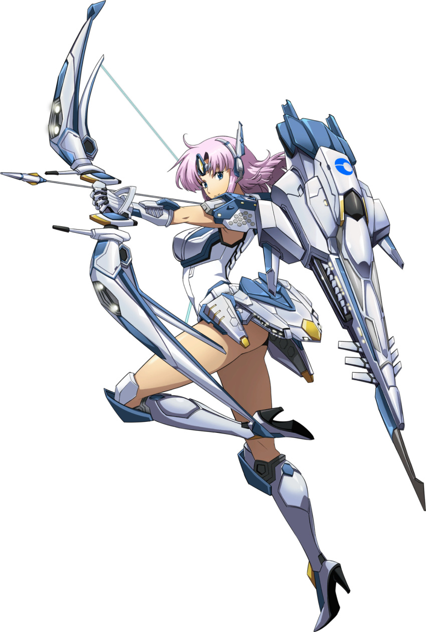 1girl armored_boots arrow_(projectile) blue_eyes boots bow_(weapon) closed_mouth floating_hair full_body gauntlets hair_intakes high_heel_boots high_heels highres holding holding_arrow holding_bow_(weapon) holding_weapon langrisser leotard medium_hair narm_(langrisser) official_art pink_hair solo transparent_background weapon white_leotard