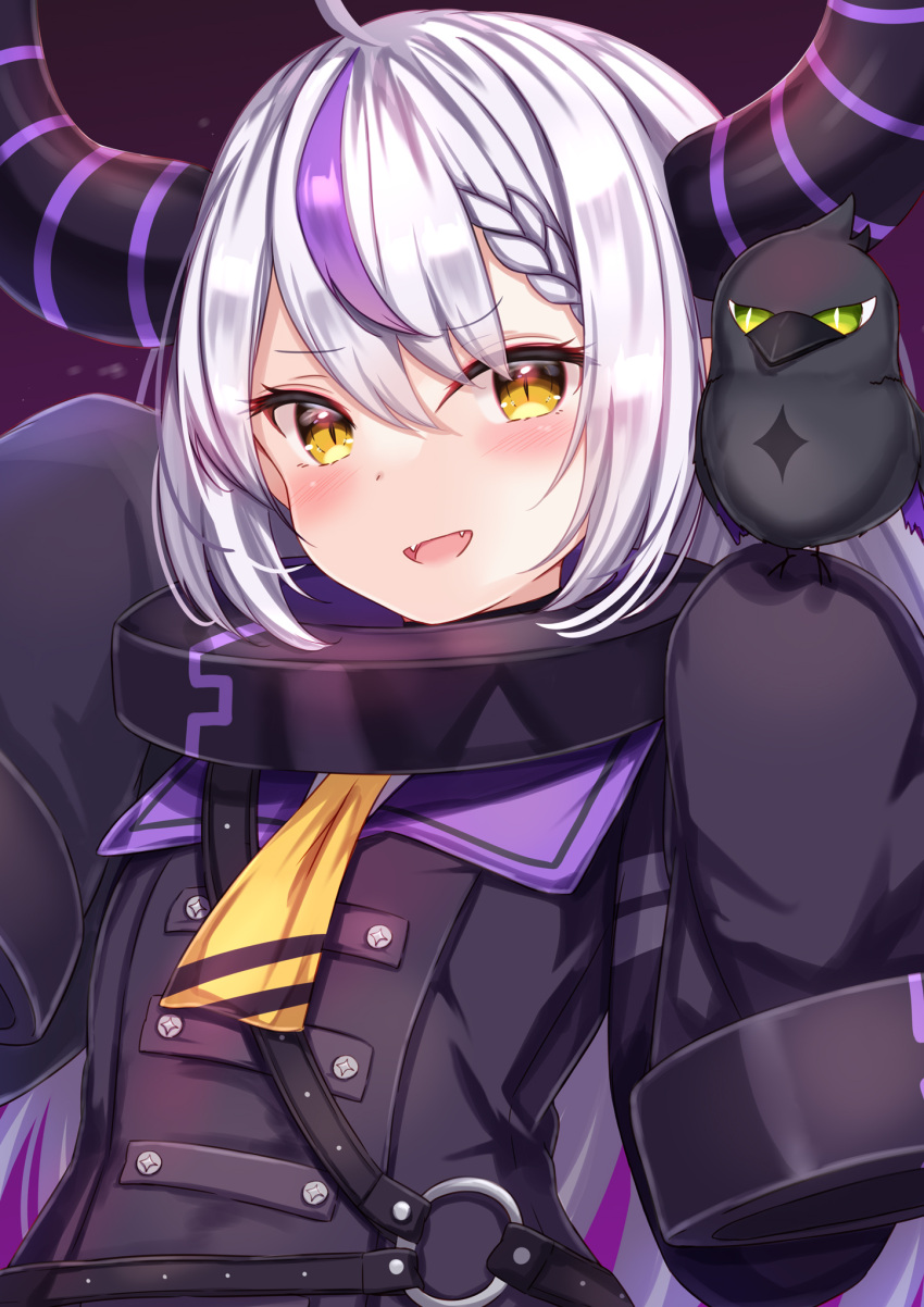 1girl :d ahoge bangs bird black_jacket blush braid collar commentary eyebrows_visible_through_hair eyes_visible_through_hair fang fangs hair_between_eyes highres hololive horns jacket la+_darknesss long_sleeves metal_collar multicolored_hair open_mouth purple_hair silver_hair sleeves_past_fingers sleeves_past_wrists smile solo streaked_hair symbol-only_commentary upper_body virtual_youtuber yellow_eyes yellow_neckwear yuano