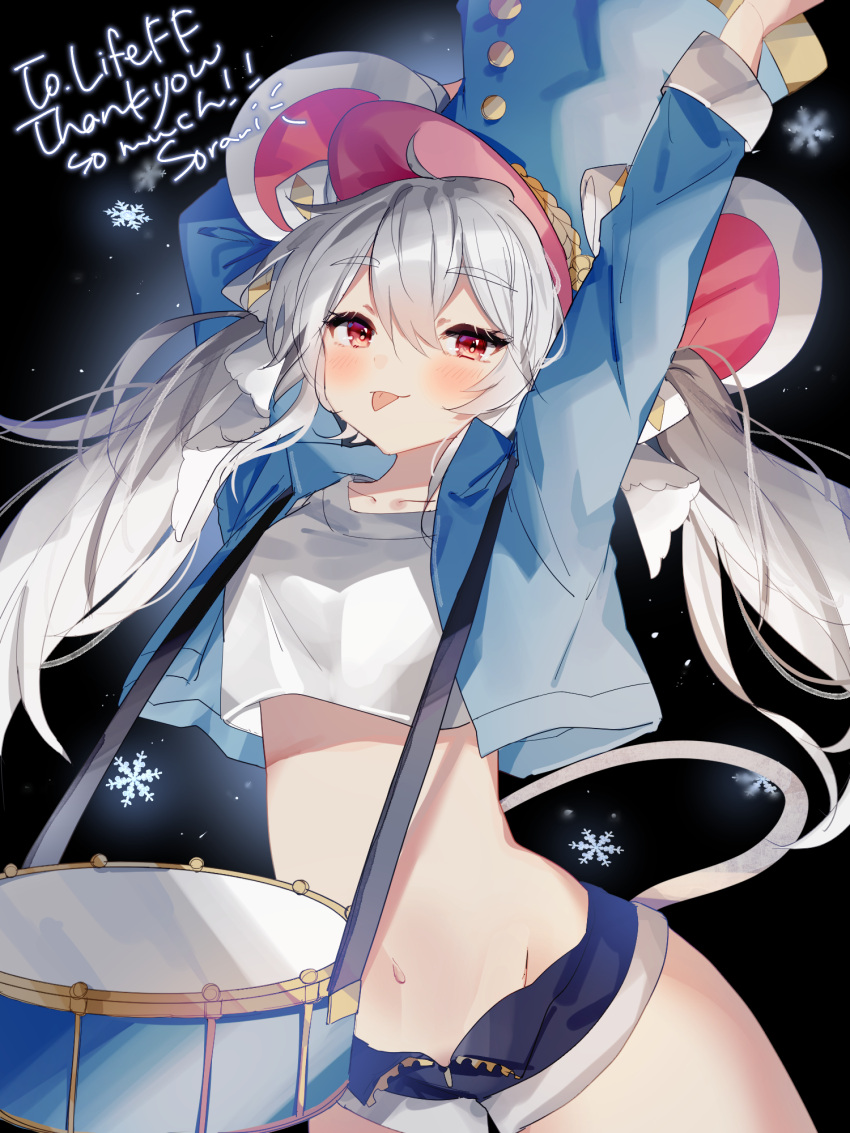1girl animal_ears arms_up blue_headwear blue_jacket blue_shorts commission cowboy_shot crop_top crop_top_overhang cropped_jacket drum dungeon_and_fighter grey_hair hat highres instrument jacket lifeff long_hair long_sleeves looking_at_viewer micro_shorts midriff mouse_ears mouse_girl mouse_tail navel open_clothes open_fly open_jacket red_eyes revealing_clothes second-party_source shirt short_shorts shorts smile solo sorani_(kaeru0768) stomach tail thighs tongue tongue_out twintails white_shirt