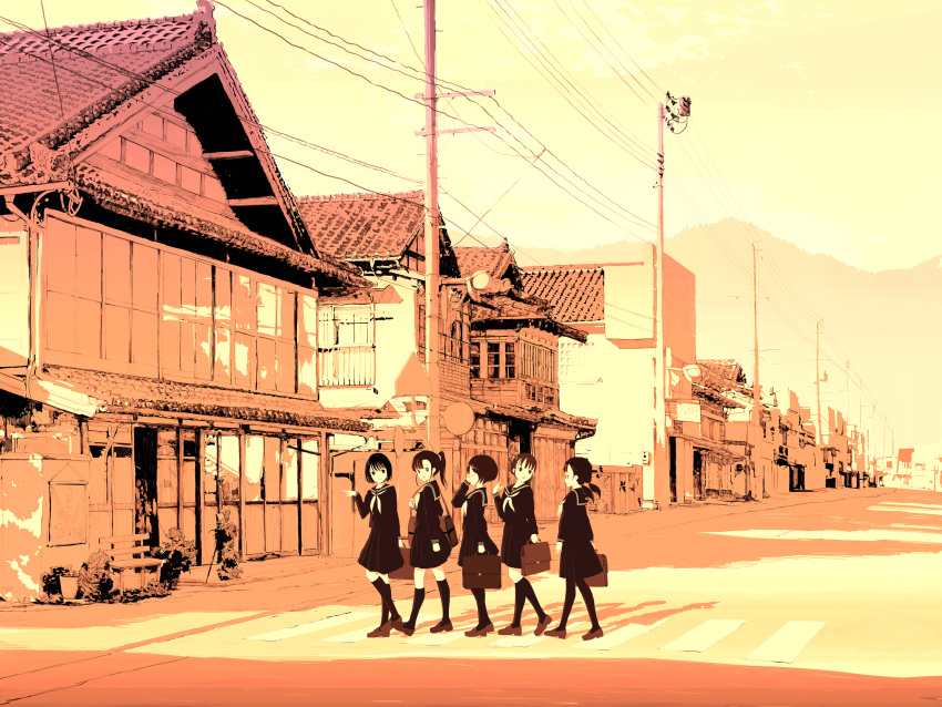 5girls bag bangs briefcase commentary_request emukami highres holding holding_briefcase house long_sleeves looking_back multiple_girls neckerchief open_mouth orange_theme original outdoors pleated_skirt pointing ponytail road sailor_collar school_bag school_uniform serafuku shirt short_hair short_twintails skirt sky street thigh-highs twintails walking yellow_theme