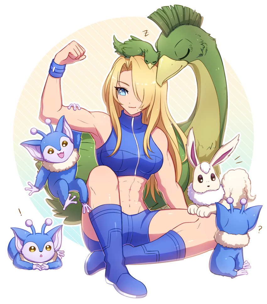 1girl abs alien animal animal_on_head biceps blonde_hair blue_eyes blue_footwear boots crop_top enni flexing highres metroid metroid_fusion muscular muscular_female on_head pose samus_aran short_shorts shorts sitting sleeveless smile toned