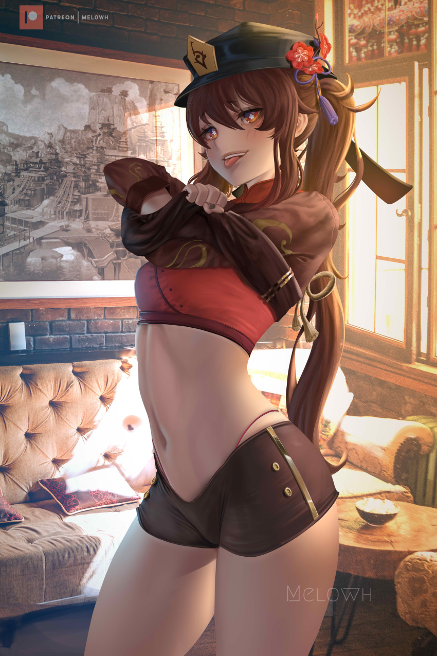 1girl :p absurdres blush brown_hair chinese_clothes clothes_lift couch g-string genshin_impact hat highres hu_tao_(genshin_impact) indoors lifted_by_self long_sleeves looking_at_viewer melowh midriff naughty_face navel red_eyes shirt_lift short_shorts shorts smile standing stomach symbol-shaped_pupils thighs thong tongue tongue_out top_hat twintails undressing window
