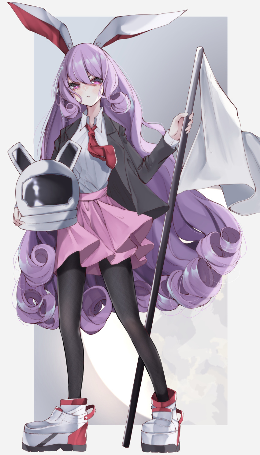 1girl :/ absurdres animal_ears bangs black_jacket black_legwear blazer blush border breasts closed_mouth collared_shirt commentary_request curly_hair expressionless eyelashes flag full_body grey_background helmet highres holding holding_helmet jacket light_purple_hair long_hair long_sleeves medium_breasts necktie pantyhose pink_skirt rabbit_ears red_necktie red_neckwear reisen_udongein_inaba shirt skirt solo standing touhou tsune_(tune) violet_eyes white_flag white_footwear white_shirt wing_collar