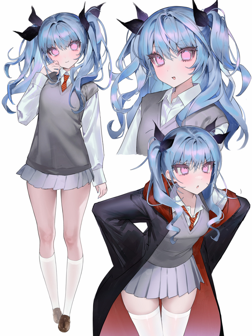 1girl :d :o absurdres arm_at_side bangs black_coat blue_hair breasts brown_footwear cloak coat collared_shirt cropped_torso dress_shirt full_body grey_sweater_vest hair_over_shoulder hair_ribbon hand_on_own_face hand_up hands_on_hips highres hood hood_down hooded_coat kneehighs leaning_forward long_sleeves looking_at_viewer miniskirt multiple_views necktie nn1004 off_shoulder original pink_eyes pleated_skirt red_coat red_necktie ribbon shirt shoes simple_background skirt smile standing striped_necktie sweater_vest thigh-highs thigh_gap twintails two-sided_cloak two-sided_fabric two_side_up white_background white_legwear white_shirt
