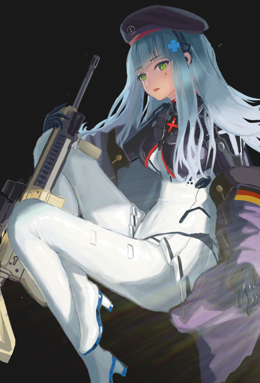 1girl absurdres assault_rifle bangs beret black_background black_gloves blue_hair bodysuit breasts eyebrows_visible_through_hair german_flag girls_frontline gloves green_eyes gun h&amp;k_hk416 hair_ornament hairclip hat headset highres hk416_(girls'_frontline) hk416_(midnight_evangelion)_(girls'_frontline) holding holding_gun holding_weapon jacket jacket_pull lips long_hair looking_at_viewer mithiril multicolored_bodysuit multicolored_clothes open_mouth purple_jacket rifle sitting skirt solo teardrop_facial_mark teardrop_tattoo weapon white_skirt