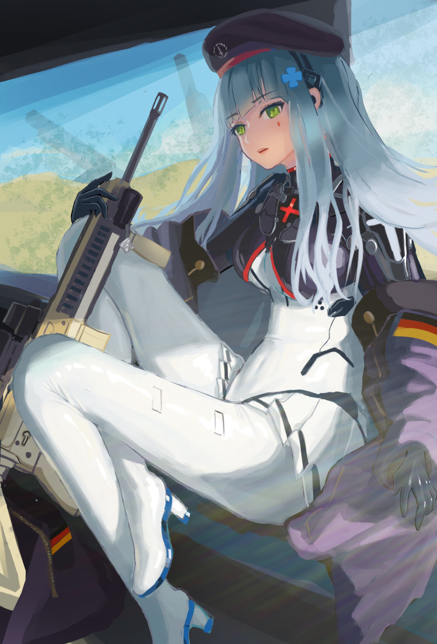 1girl absurdres assault_rifle bangs beret black_gloves blue_hair bodysuit breasts eyebrows_visible_through_hair german_flag girls_frontline gloves green_eyes gun h&amp;k_hk416 hair_ornament hairclip hat headset highres hk416_(girls'_frontline) hk416_(midnight_evangelion)_(girls'_frontline) holding holding_gun holding_weapon jacket jacket_pull lips long_hair looking_at_viewer mithiril multicolored_bodysuit multicolored_clothes open_mouth purple_jacket rifle simple_background sitting skirt solo teardrop_facial_mark teardrop_tattoo weapon white_skirt