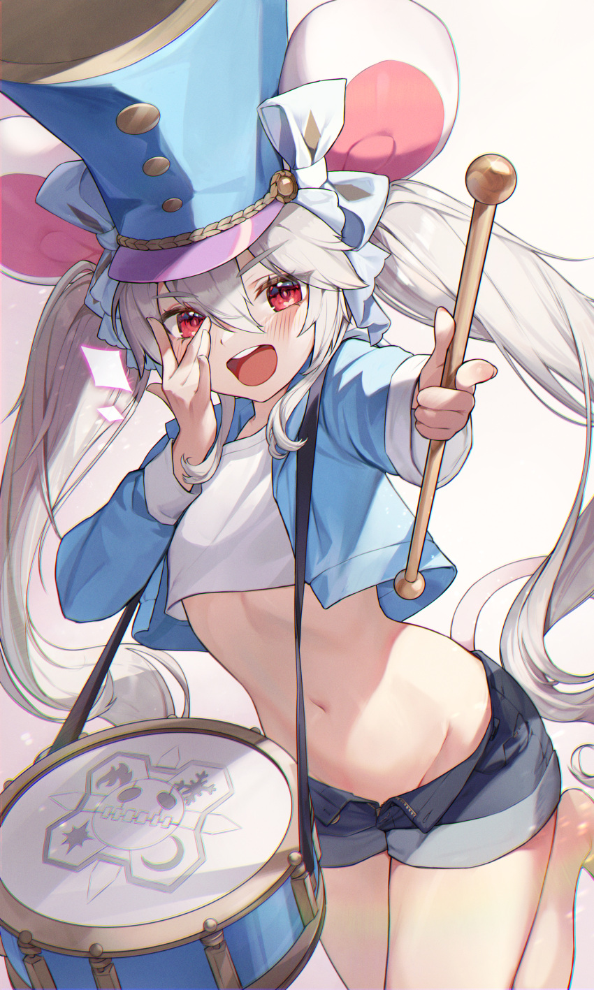 1girl :d absurdres animal_ears black_shorts blue_headwear blue_jacket commission cowboy_shot crop_top cropped_jacket denim denim_shorts drum drumsticks dungeon_and_fighter grey_hair groin hat highres holding instrument jacket kokko_(kokko3045) leg_up lifeff long_hair long_sleeves looking_at_viewer micro_shorts midriff mouse_ears mouse_girl mouse_tail navel open_clothes open_fly open_jacket outstretched_arm pointing pointing_at_viewer red_eyes revealing_clothes second-party_source shirt short_shorts shorts simple_background smile solo stomach tail thighs twintails v_over_eye very_long_hair white_background white_shirt