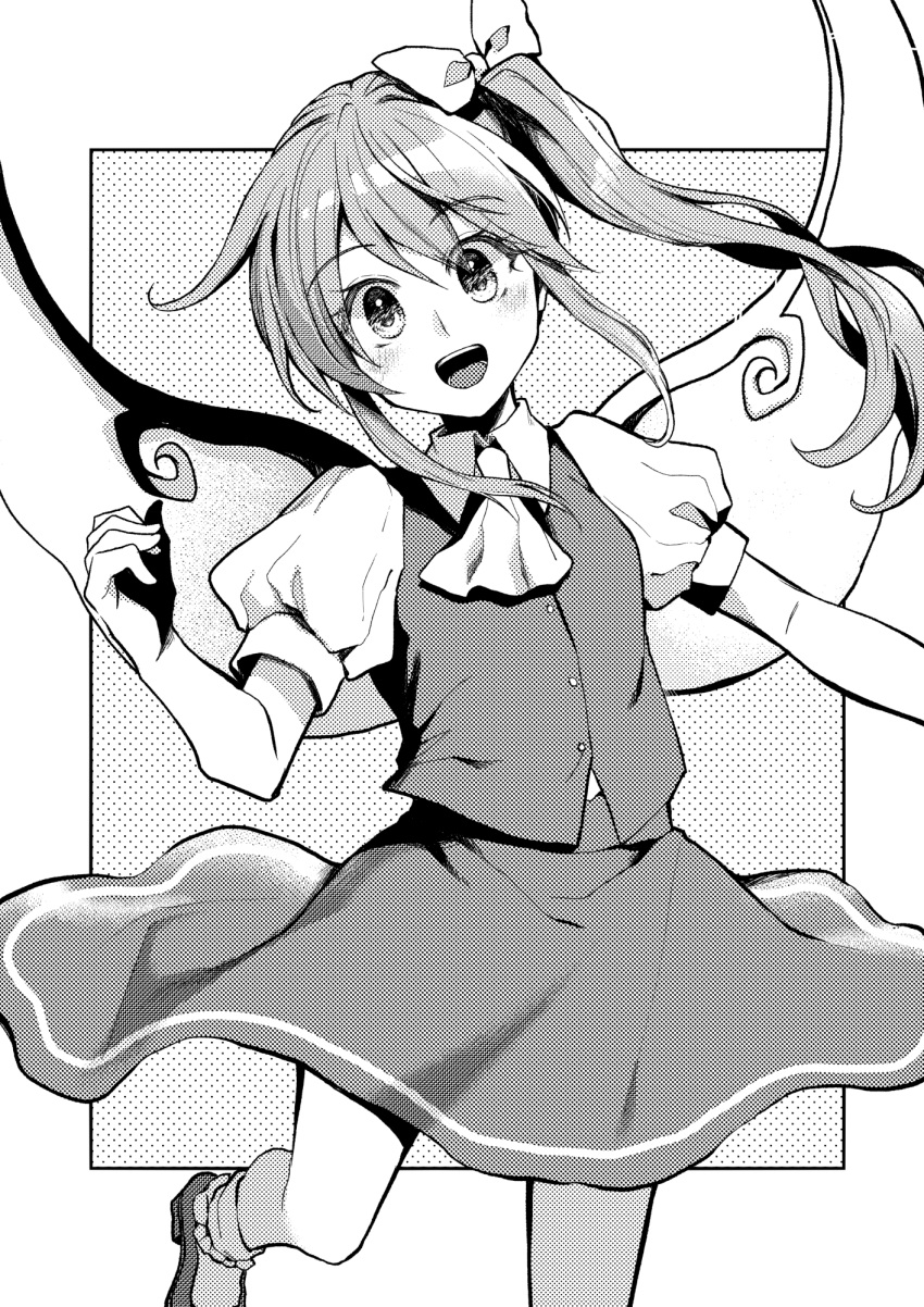1girl ascot bobby_socks bow buttons collared_shirt daiyousei eyebrows_visible_through_hair fairy fairy_wings greyscale happy highres kaede_(mmkeyy) leg_up looking_at_viewer monochrome open_mouth puffy_short_sleeves puffy_sleeves shirt shoes short_hair short_sleeves side_ponytail skirt socks standing touhou vest wings