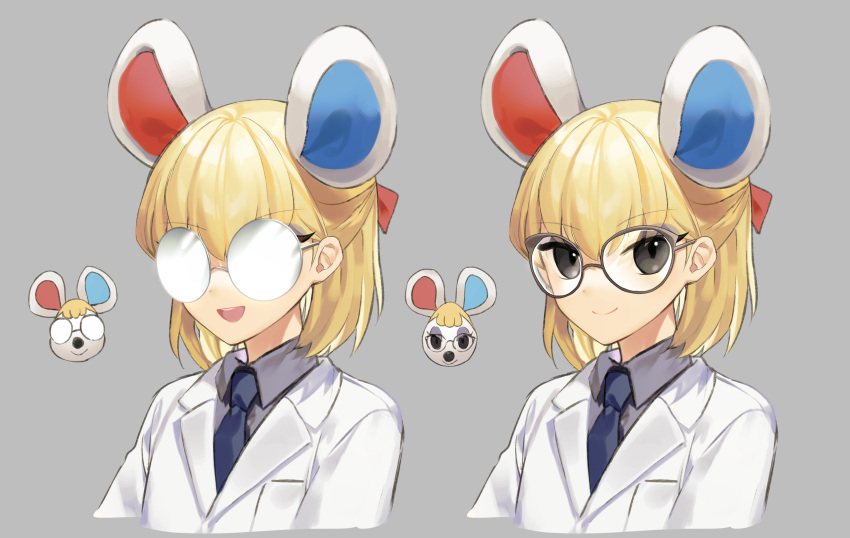 1girl :d absurdres animal_crossing animal_ears bangs black_shirt blonde_hair blue_necktie brown-tinted_eyewear closed_mouth collared_shirt cropped_torso eyebrows_visible_through_hair eyeshadow gambe glasses grey_background half_updo highres humanization labcoat looking_at_viewer makeup mouse mouse_ears multiple_views necktie opaque_glasses open_mouth petri_(animal_crossing) round_eyewear shirt short_hair simple_background smile tinted_eyewear upper_body