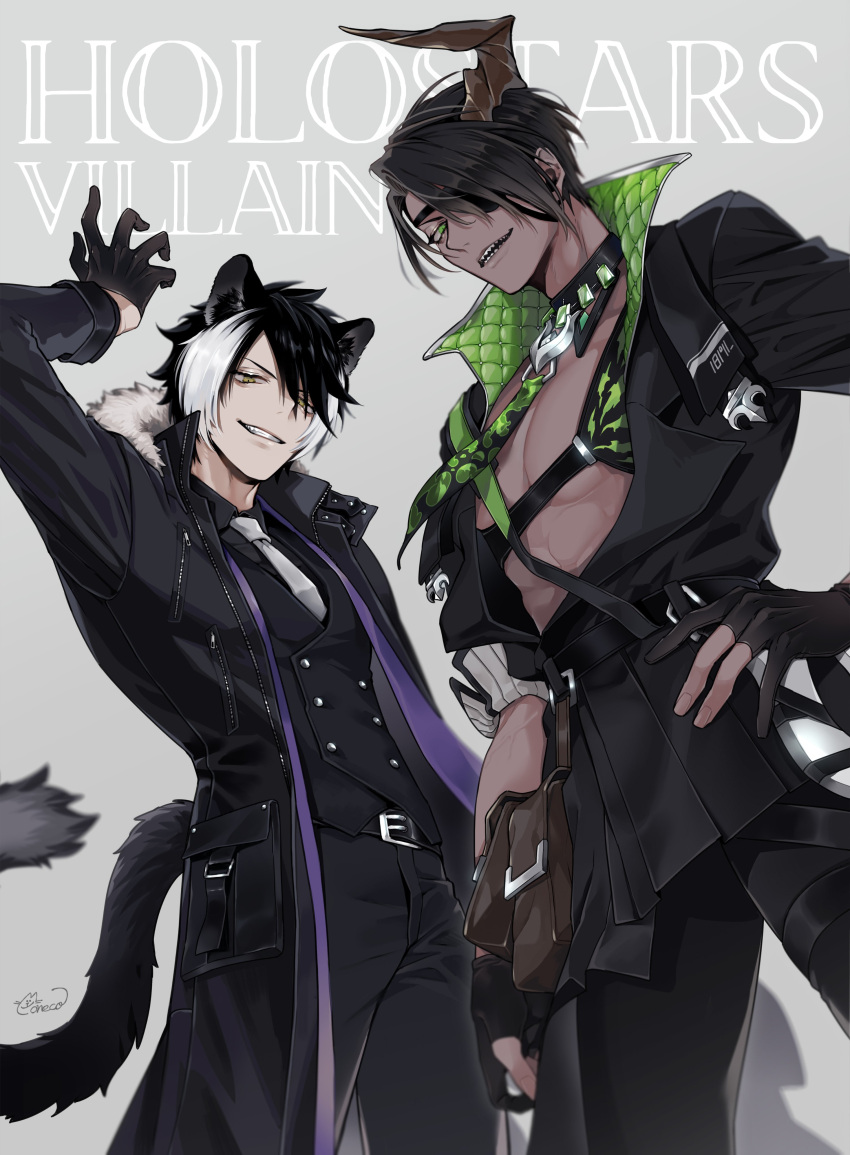 2boys abs absurdres animal_ear_fluff animal_ears aragami_oga arm_up bangs belt belt_pouch black_coat black_gloves black_hair black_pants buttons choker coat copyright_name dark-skinned_male dark_skin double-breasted eyebrows_behind_hair eyepatch fingernails formal fur-trimmed_coat fur_trim gloves green_eyes grey_background grin hair_over_one_eye half_gloves hand_on_hip highres holostars horns jacket kageyama_shien looking_at_viewer looking_down moneko multicolored_hair multiple_boys necktie one_eye_covered pants parted_lips partially_fingerless_gloves pectorals pouch sharp_teeth signature single_horn smile suit tail teeth two-sided_fabric two-sided_jacket two-tone_hair vest virtual_youtuber white_hair white_necktie yellow_eyes