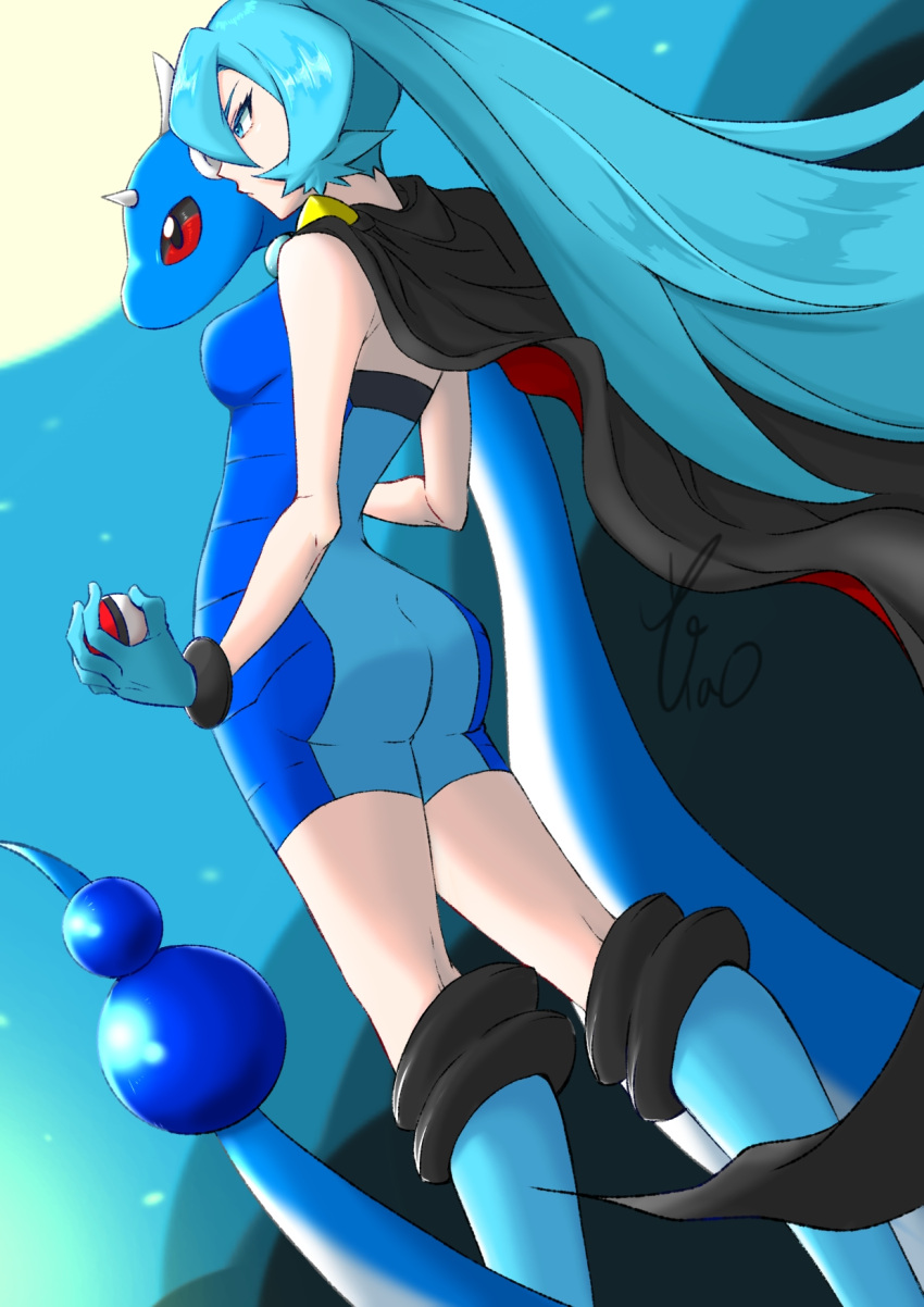 1girl ass bangs black_cape blue_bodysuit blue_eyes blue_footwear blue_hair bodysuit boots breasts cape clair_(pokemon) closed_mouth commentary dragonair eyelashes from_below highres holding holding_poke_ball kneepits leaning_back long_hair poke_ball poke_ball_(basic) pokemon pokemon_(creature) pokemon_(game) pokemon_hgss ponytail shiny shiny_hair yao_(evep3835)