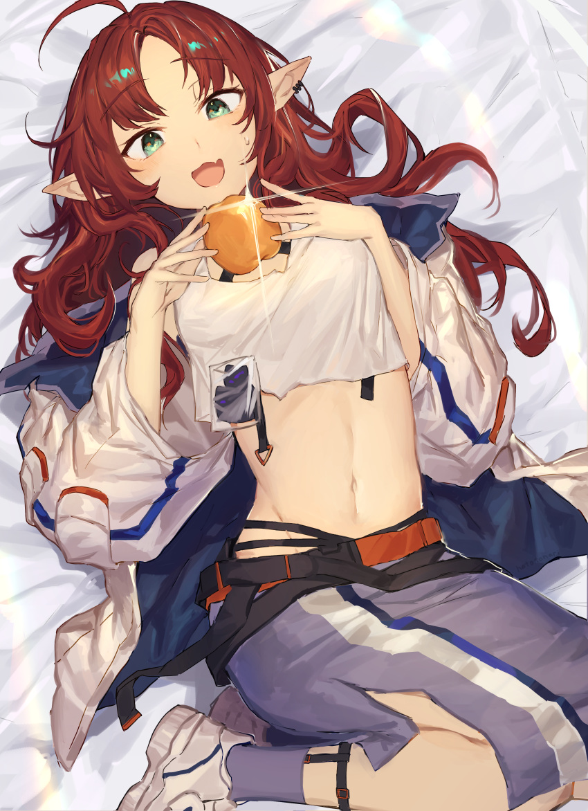 1girl :d absurdres ahoge apple arknights bangs belt commentary_request ear_piercing fang flag food fruit full_body golden_apple green_eyes grey_background grey_legwear grey_skirt hatotonaru highres holding holding_food holding_fruit jacket kneehighs legs_folded legs_together long_hair long_sleeves lying midriff multiple_belts myrtle_(arknights) navel on_back open_mouth parted_bangs partial_commentary piercing pointy_ears redhead shirt shoes simple_background skin_fang skirt sleeves_past_wrists smile sneakers socks solo sweatdrop tank_top white_footwear white_jacket white_shirt