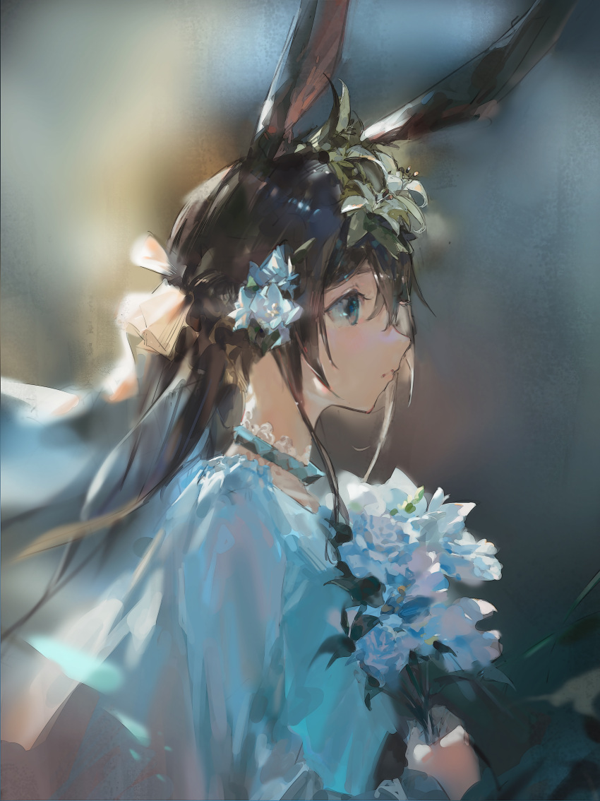 1girl absurdres alternate_costume amiya_(arknights) animal_ears arknights blue_choker blue_dress blue_eyes blue_flower blue_rose blurry blurry_background bouquet brown_hair choker closed_mouth depth_of_field dress flower from_side hair_flower hair_ornament highres holding holding_bouquet lily_(flower) long_hair long_sleeves looking_afar looking_away profile rabbit_ears rose sidelocks solo upper_body white_flower zygocactus