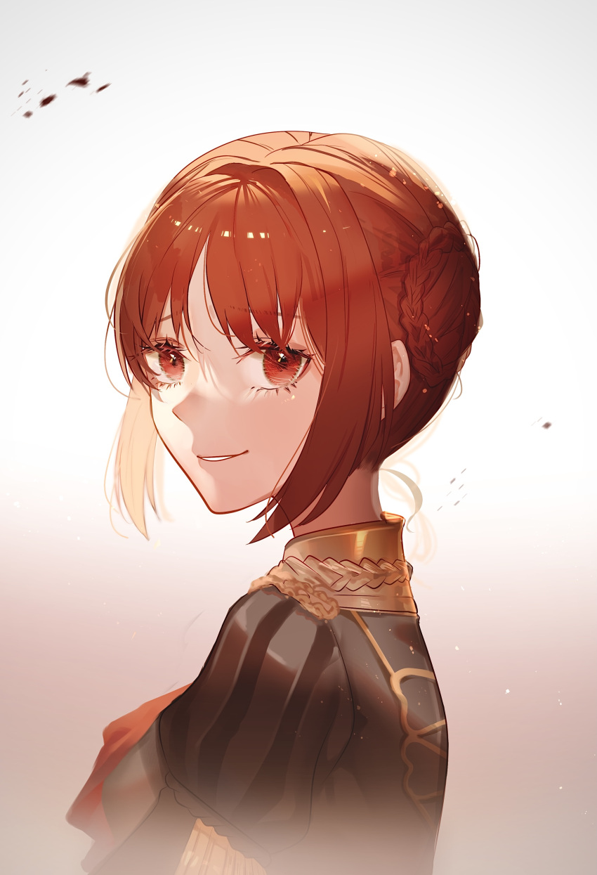 1girl absurdres blood blood_stain braid close-up eyebrows_visible_through_hair face fire_emblem fire_emblem:_three_houses garreg_mach_monastery_uniform gradient gradient_background grin highres looking_at_viewer mikage02 monica_von_ochs portrait red_eyes redhead short_hair short_hair_with_long_locks simple_background smile solo uniform upper_body white_background