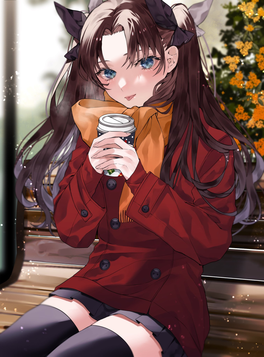 1girl bangs black_hair black_legwear black_ribbon blue_eyes blurry blurry_background breath brown_hair buttons cup disposable_cup fate/stay_night fate_(series) hair_ribbon highres holding holding_cup jacket looking_at_viewer orange_scarf outdoors pleated_skirt red_jacket ribbon scarf shimatori_(sanyyyy) sitting skirt solo thigh-highs tohsaka_rin tongue tongue_out zettai_ryouiki