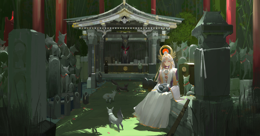 1girl absurdres animal_on_lap bangs bell blonde_hair closed_mouth day dress fox fox_statue grass graveyard hair_ornament highres japanese_clothes jingle_bell long_dress long_hair long_sleeves looking_at_viewer miketsu_(onmyoji) neck_bell onmyoji onmyouji outdoors paindude pillar red_eyes red_ribbon ribbon scenery shade shrine sitting solo statue sunlight tombstone veil white_dress white_headwear wide_shot wide_sleeves