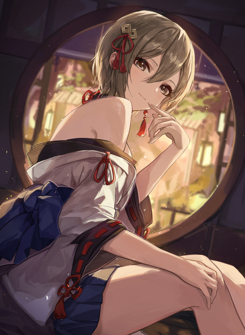 1girl absurdres bare_shoulders black_eyes blonde_hair blue_skirt blurry breasts closed_mouth day depth_of_field dutch_angle earrings feet_out_of_frame finger_to_mouth from_side hair_between_eyes hair_ribbon hand_up highres idolmaster idolmaster_cinderella_girls indoors japanese_clothes jewelry light_particles looking_at_viewer obi off_shoulder pleated_skirt ribbon ribbon-trimmed_sleeves ribbon_trim round_window sash shino_sto shiomi_syuko short_hair sitting skirt smile solo tassel tassel_earrings window