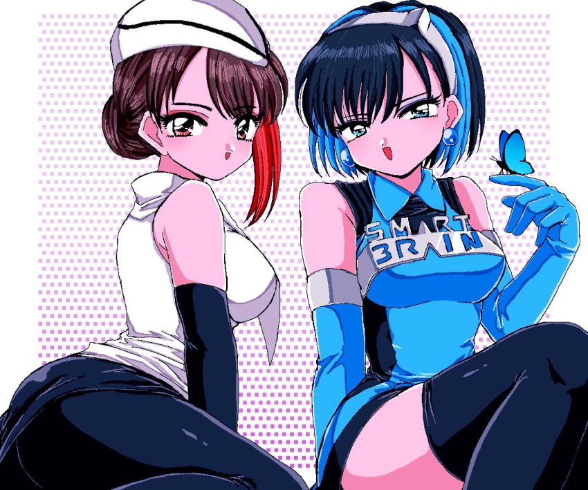 1990s_(style) 2girls :d asymmetrical_hair bangs bare_shoulders black_hair black_legwear blue_eyes blue_eyeshadow blue_gloves blue_hair breasts brown_hair bug butterfly butterfly_on_hand collared_dress dress earrings elbow_gloves eyebrows_visible_through_hair eyeshadow garrison_cap gloves hair_bun hand_up hat jewelry kamen_rider kamen_rider_555 kamen_rider_den-o_(series) looking_at_viewer makeup medium_breasts multicolored_hair multiple_girls naomi_(den-o) nnmi11 orange_eyes pantyhose red_eyeshadow redhead retro_artstyle short_dress sleeveless sleeveless_dress smart_lady smile thigh-highs two-tone_hair white_headwear