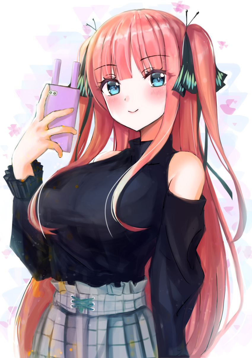 1girl absurdres bangs bare_shoulders black_ribbon black_shirt blue_eyes blunt_bangs blush breasts butterfly_hair_ornament cellphone eyebrows_visible_through_hair frilled_sleeves frills go-toubun_no_hanayome grey_skirt hair_ornament highres hime_cut holding holding_phone large_breasts long_hair looking_at_viewer nakano_nino petals phone pink_hair rei_(ilust9999) ribbon shirt simple_background skirt smartphone smile twintails