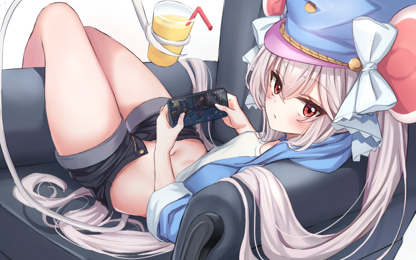 1girl animal_ears artist_request black_shorts blue_headwear blue_jacket cellphone chair commission crop_top cropped_jacket cup denim denim_shorts drinking_glass dungeon_and_fighter genshin_impact hat highres holding holding_phone holding_with_tail jacket lifeff long_hair long_sleeves looking_at_viewer looking_back lying micro_shorts midriff mouse_ears mouse_girl mouse_tail navel on_back open_clothes open_fly open_jacket phone prehensile_tail red_eyes second-party_source shirt short_shorts shorts smartphone solo stomach tail thighs twintails very_long_hair white_hair white_shirt