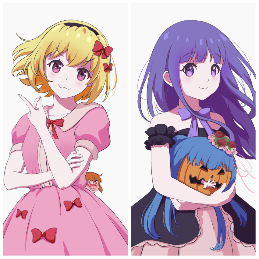 3girls adapted_costume artofbluejay black_dress blonde_hair bow dress frederica_bernkastel furude_rika furudo_erika hairband halloween halloween_costume highres higurashi_no_naku_koro_ni houjou_satoko jack-o'-lantern lambdadelta long_hair multiple_girls pink_dress pink_eyes pumpkin purple_hair ryuuguu_rena take_it_home umineko_no_naku_koro_ni violet_eyes