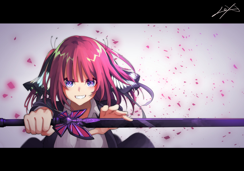 1girl bangs black_cardigan black_ribbon blue_eyes blunt_bangs blush breasts butterfly_hair_ornament cardigan eyebrows_behind_hair go-toubun_no_hanayome grin hair_ornament highres holding holding_sword holding_weapon large_breasts looking_at_viewer lox_(orchis_lox) nakano_nino open_cardigan open_clothes pink_hair ribbon school_uniform shirt simple_background smile sword twintails v-shaped_eyebrows weapon white_shirt