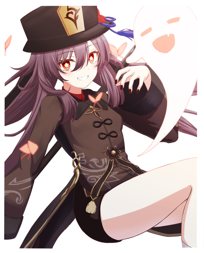 1girl absurdres black_nails blush brown_hair commentary genshin_impact ghost hat highres hu_tao_(genshin_impact) kake_udon long_sleeves looking_at_viewer nail_polish red_eyes short_shorts shorts simple_background smile symbol-shaped_pupils tailcoat top_hat twintails white_background