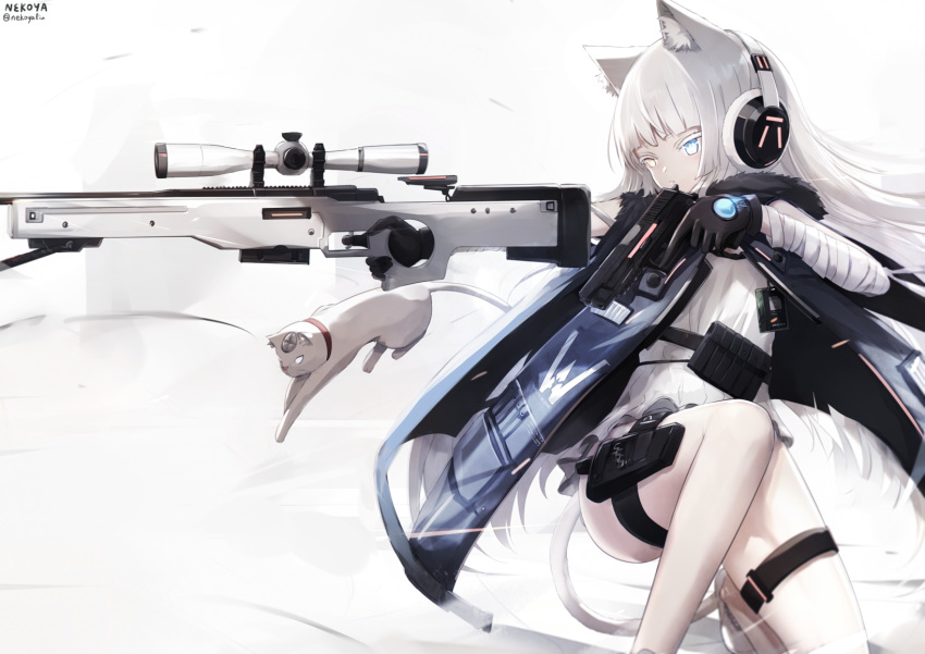 1girl ai_arctic_warfare animal animal_ears awp_(girls'_frontline)_(nekoya_(liu)) bandaged_arm bandages black_gloves blue_eyes bolt_action brown_eyes cat cat_ears cat_girl cat_tail colored_eyelashes commentary_request dress girls_frontline gloves gun headphones heterochromia highres holding holding_gun holding_weapon nekoya_(liu) one_knee original rifle shoes signature sniper_rifle sniper_scope solo tail twitter_username weapon weapon_request white_dress white_footwear