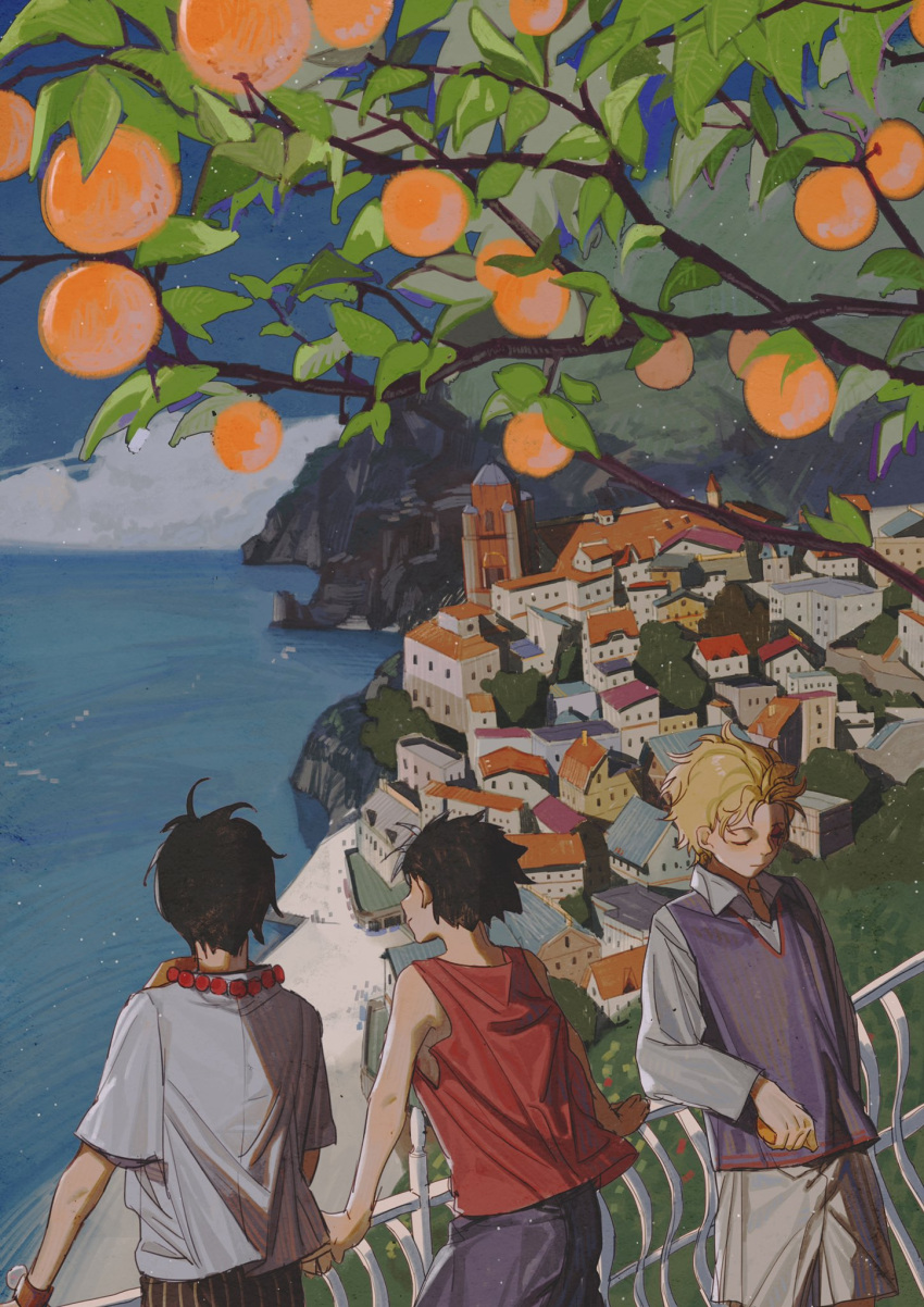 3boys akihare black_hair blonde_hair brothers closed_eyes food from_behind fruit highres long_sleeves male_focus monkey_d._luffy multiple_boys ocean one_piece orange_(fruit) orange_tree outdoors portgas_d._ace railing sabo_(one_piece) scenery short_hair short_sleeves siblings sleeveless