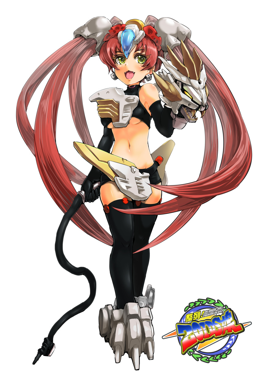 1girl bangs black_gloves black_legwear boris_(noborhys) breasts earrings elbow_gloves fangs gloves hand_puppet highres jewelry liger_zero_falcon long_hair mecha_musume medium_breasts midriff navel personification puppet redhead solo thigh-highs twintails very_long_hair whip white_background yellow_eyes zoids zoids_fuzors