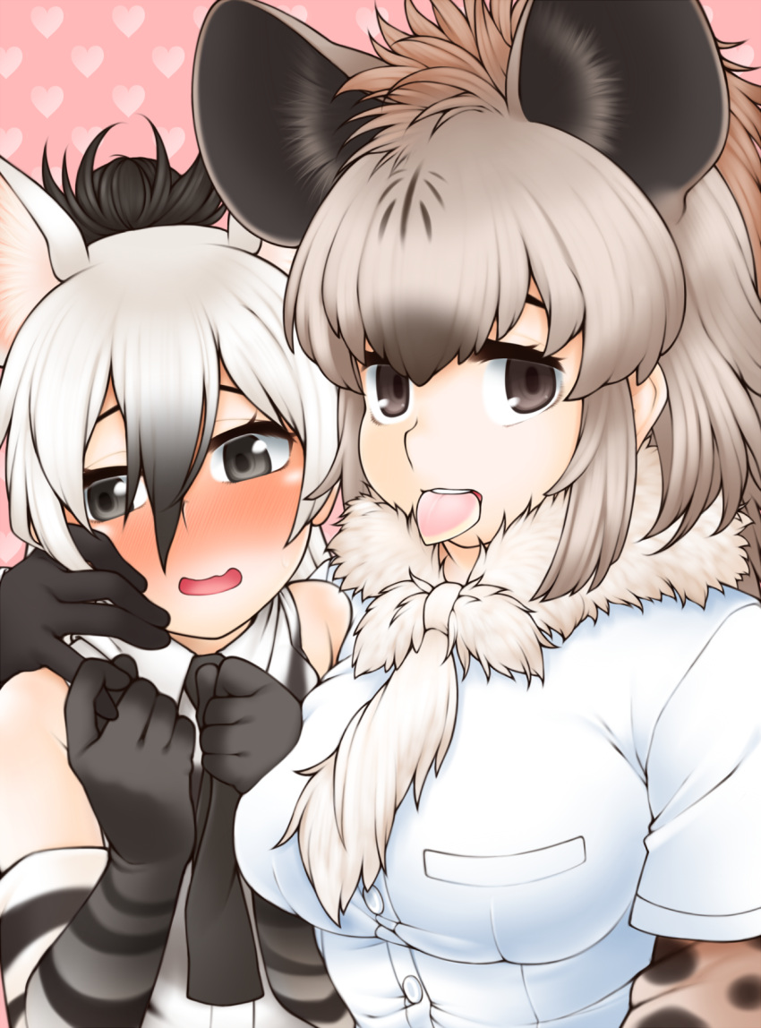 2girls aardwolf_(kemono_friends) aardwolf_ears aardwolf_print animal_ears arm_around_neck bangs bare_shoulders black_eyes black_hair black_necktie blush breast_pocket breast_press breasts brown_hair collarbone couple dress_shirt elbow_gloves extra_ears flustered food food_in_mouth fur_collar gloves grey_eyes grey_hair hair_between_eyes hand_on_another's_chest hands_up heart heart_background height_difference highres holding_hands hyena_ears kemono_friends large_breasts light_smile long_hair looking_at_viewer looking_to_the_side morino_(morino03) mouth_hold multicolored_hair multiple_girls necktie nervous_smile nose_blush open_mouth pink_background pocket print_gloves print_shirt shirt short_sleeves sidelocks silver_hair sleeveless sleeveless_shirt smile spotted_hyena_(kemono_friends) taut_clothes taut_shirt teeth_hold two-tone_hair upper_body white_shirt wing_collar yuri