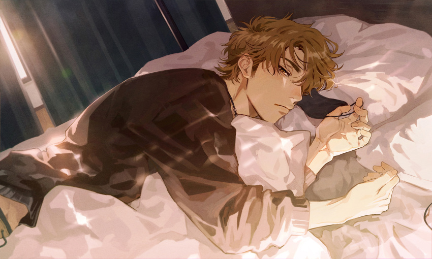 1boy ace_of_diamond bangs bed black_shirt brown_eyes brown_hair closed_mouth hair_over_one_eye highres jewelry looking_at_viewer lying male_focus mask mask_removed miyuki_kazuya necklace on_bed on_side one_eye_covered pillow sato_(sato_1_11) shirt short_hair sleep_mask solo upper_body