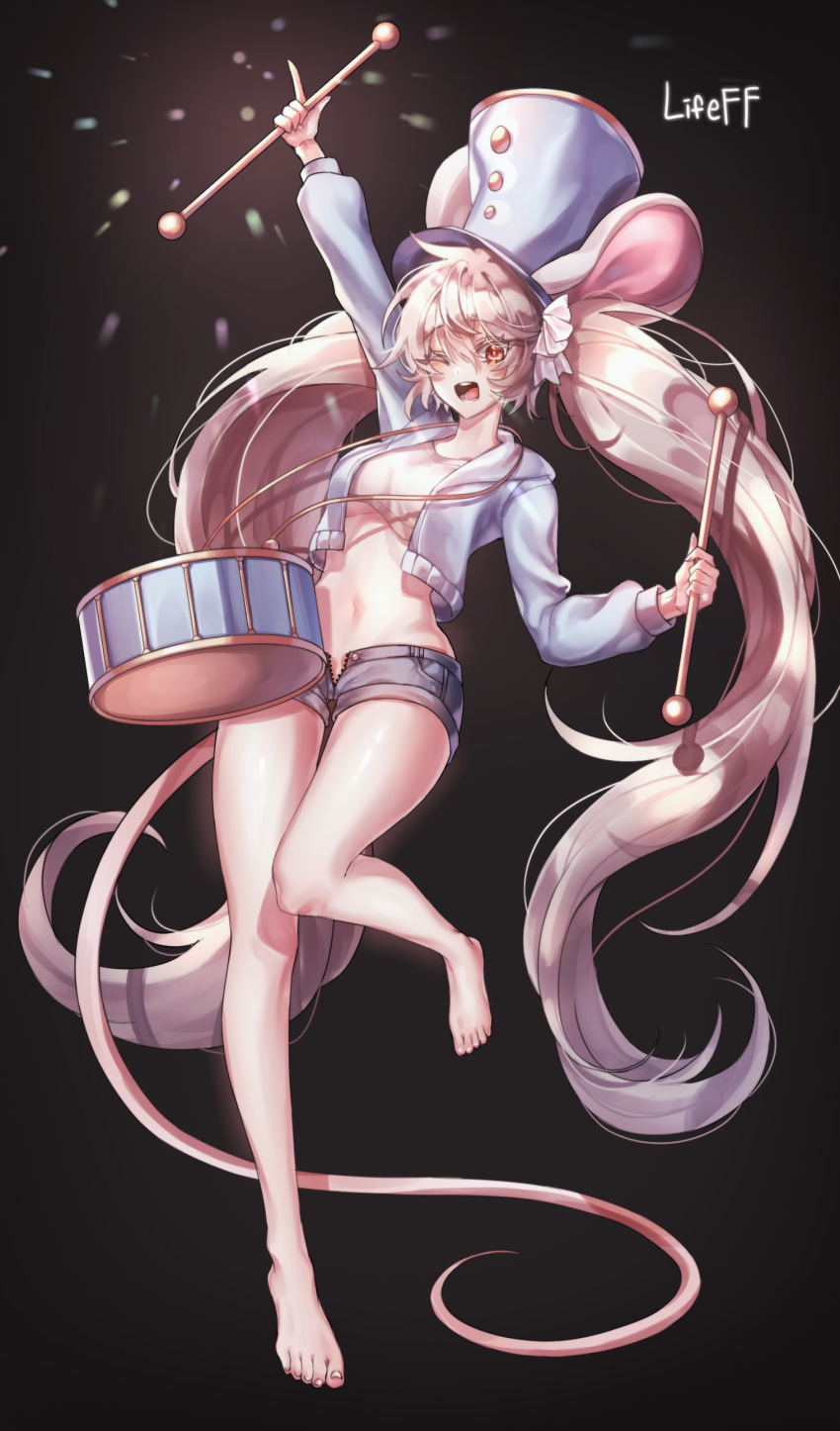 1girl ;d absurdly_long_hair absurdres animal_ears arm_up bare_legs barefoot black_shorts blue_headwear blue_jacket breasts commission crop_top cropped_jacket denim denim_shorts drum drumsticks dungeon_and_fighter full_body hat highres holding instrument jacket kithera leg_up lifeff long_hair long_sleeves looking_at_viewer micro_shorts midriff mouse_ears mouse_girl mouse_tail navel one_eye_closed open_clothes open_fly open_jacket red_eyes shirt shorts small_breasts smile solo standing standing_on_one_leg stomach tail thighs twintails very_long_hair white_hair white_shirt