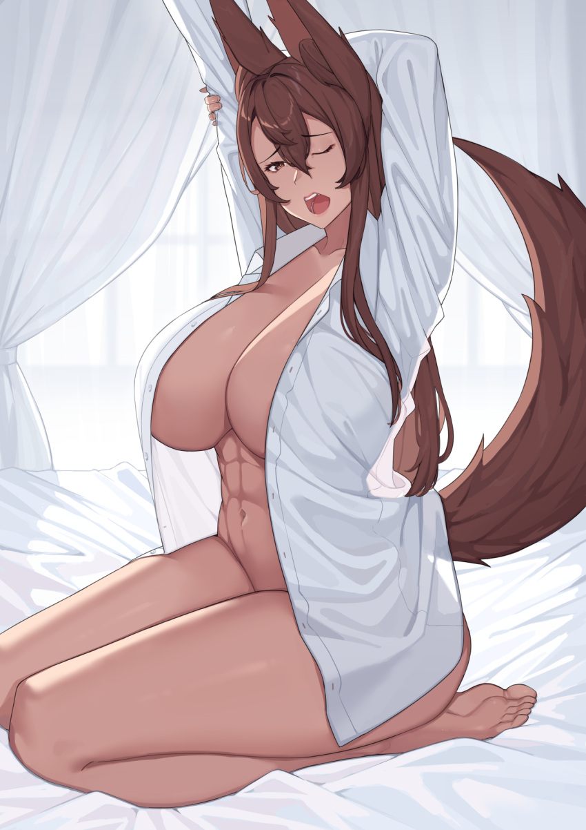 1girl abs animal_ears arms_up barefoot breasts brown_eyes brown_hair clothes_lift collared_shirt curtains dark-skinned_female dark_skin dress_shirt fox_ears fox_girl fox_tail franham full_body hair_between_eyes hand_on_own_arm highres huge_breasts indoors looking_at_viewer naked_shirt on_bed one_eye_closed open_clothes open_mouth open_shirt original seiza shirt shirt_lift sitting solo stretch tail tail_lift teeth unbuttoned upper_teeth