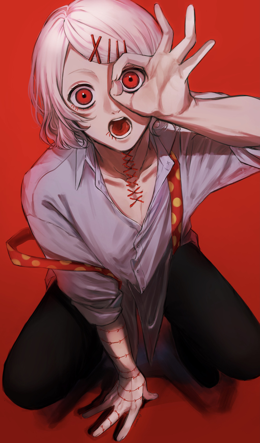 1boy :o absurdres androgynous arm_support bangs black_pants collarbone grey_background hair_ornament hairclip highres looking_at_viewer male_focus ok_sign ok_sign_over_eye pants red_background red_eyes shirt short_hair simple_background solo squatting stitches suspenders suzuya_juuzou teeth tian_lu tokyo_ghoul white_hair x_hair_ornament