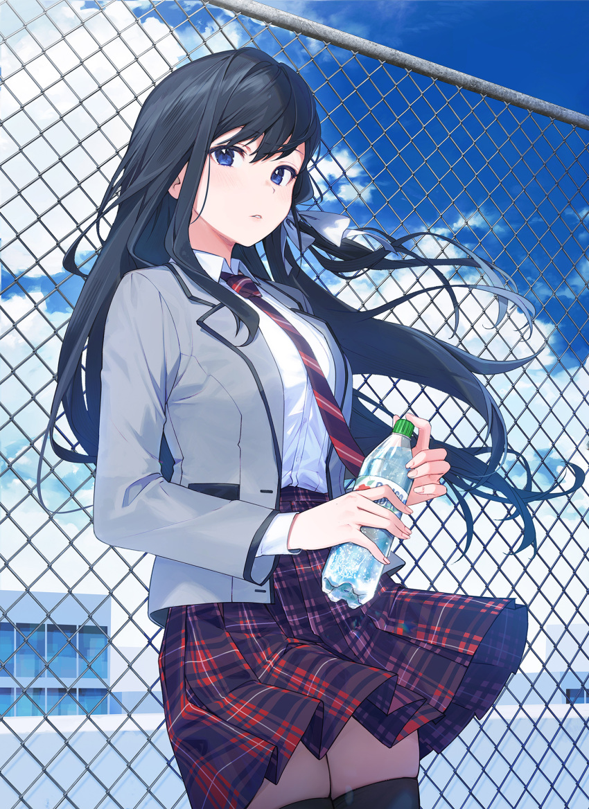 1girl bangs black_hair black_legwear blazer bottle bow breasts building clouds collared_shirt commentary_request eyebrows_visible_through_hair grey_jacket hair_bow highres holding holding_bottle jacket long_hair long_sleeves looking_at_viewer nagu necktie open_clothes open_jacket original outdoors plaid plaid_skirt red_skirt rooftop school school_uniform shirt shirt_tucked_in skirt sky solo thigh-highs white_bow white_shirt